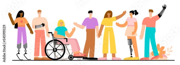 Fototapeta Multiracial group of people with disabilities. A set of different people with prosthetic arms, legs, in a wheelchair. Flat vector illustration