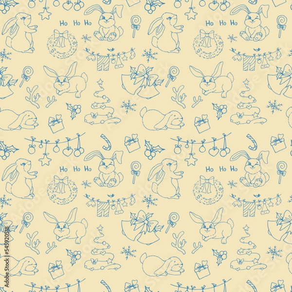 Fototapeta Drawn Christmas seamless pattern with bunnies. Snowflakes. Rabbits. Christmas. New Year. Chinese New Year. Symbol of the year. Winter print.