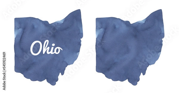 Obraz Water color illustration set of Ohio State Map in two variations: empty template and with text lettering. Hand painted watercolour drawing on white background, cut out clipart elements for design.