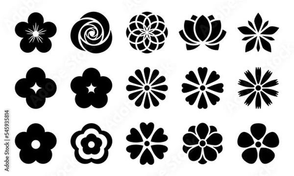 Fototapeta Flowers black icons collection. Stylized flowers isolated on white background. Best for seamless patterns, print, tattoo, web, logo creating and brand design.