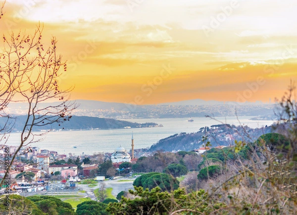Fototapeta The beautiful panoramic view of the Bosphorus with sunset sky