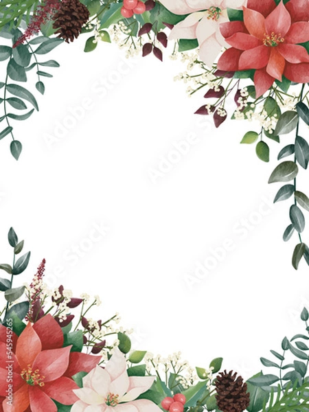 Obraz Watercolor christmas border frame, new year green spruce tree branches, leaf and poinsettia flowers. Space for text. Christmas background with live fir branches. Perfect for invitation cards, print