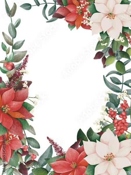 Obraz Watercolor christmas border frame, new year green spruce tree branches, leaf and poinsettia flowers. Space for text. Christmas background with live fir branches. Perfect for invitation cards, print