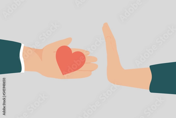 Fototapeta Woman or man rejects a love confession and pushes a red heart containing affection and admiration. Concept of unsolicited love declaration, relationships breakup, friend zone and broken heart.