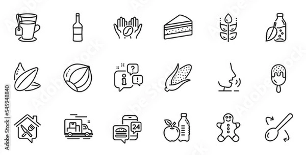 Fototapeta Outline set of Tea, Corn and Hazelnut line icons for web application. Talk, information, delivery truck outline icon. Include Wine, Healthy food, Gluten free icons. Vector