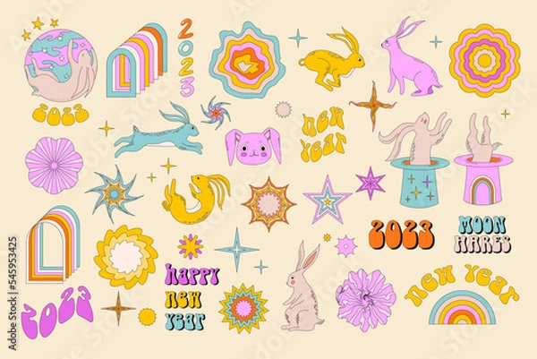 Fototapeta Vector set of hippie rabbits. Retro 70s styles, psychedelic shapes and colors. Hare new year