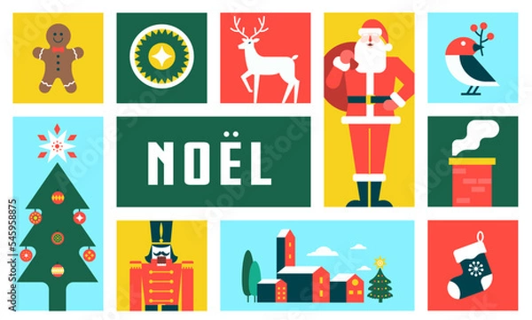 Fototapeta Simple Christmas greeting card, elegant Flat design minimalist style. Merry Christmas banner. Deer, Nutcracker Soldier, Santa Claus, decorations and Xmas trees elements. Retro clean concept design