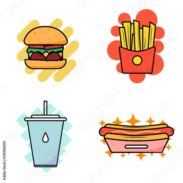 Fototapeta Vector Set of fast food. Classic cheeseburgers, fries packs, soft drinks and hot dogs. Flat eps vector illustration