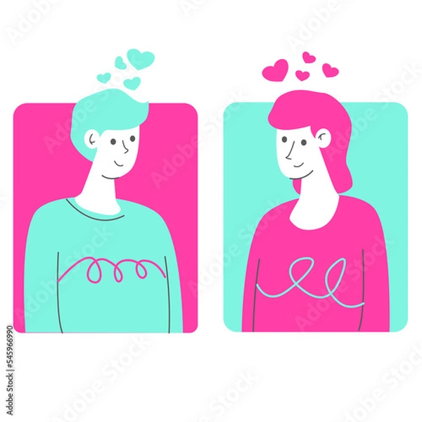 Fototapeta flat vector illustration Smiling man and woman at first glance. the meeting of happy men and women became interested. Affectionate feeling of love, relationship concept. Cartoon character with attract