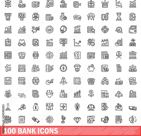Obraz 100 bank icons set. Outline illustration of 100 bank icons vector set isolated on white background