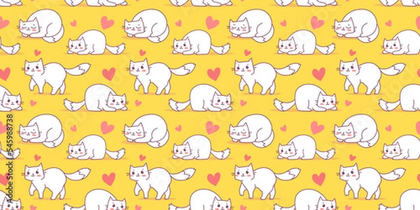 Fototapeta Vector illustration of happy cute cat character on yellow color background and heart. Flat line art style design of seamless pattern with different cute animal cat