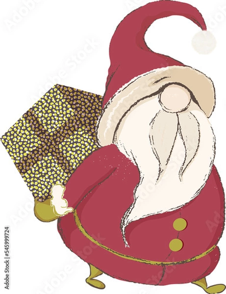 Fototapeta Santa Clause carrying Xmas Present behind his back. Hand drawn illustration Father Christmas character with beard and moustache. Red and green Xmas outfit, hat & mittens. Isolated background.