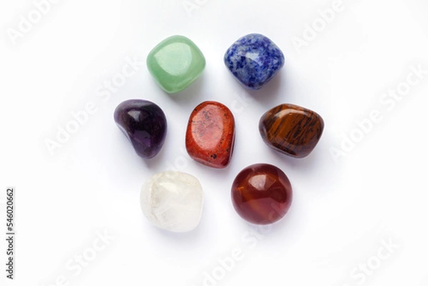 Obraz Chakra healing crystals and gemstones isolated on white background