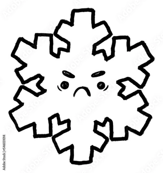 Fototapeta An evil snowflake. Doodle drawing, a snowflake hating winter. Funny print with humor. A black silhouette, a careless outline with a marker. A winter character with a stern face. Creative design