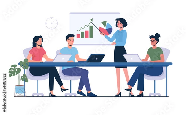Obraz Coach speaking before employees. Business training, seminar, conference in the office. Mentor .teaches, presenting charts. Vector illustration Presentation in flat style