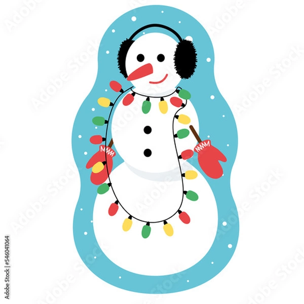 Fototapeta Three-ball snowman. In headphones and wrapped in string, Christmas tree lights. In mittens. He waves his hand and smiles. Sticker for new year, winter sticker. Snowflakes PNG