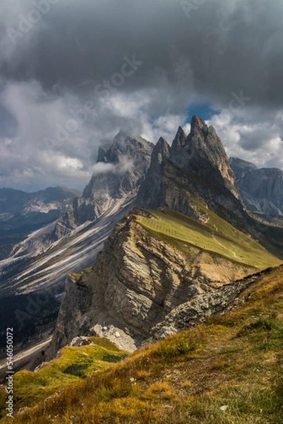 Fototapeta Clouds over mountain massif Odle in Dolomites