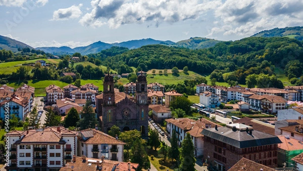 Fototapeta Panoramic view of the square in the town of Elizondo, capital of the Baztan Valley.