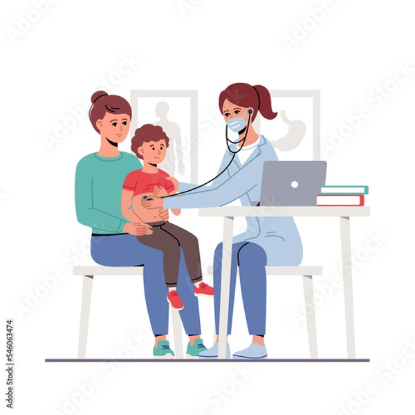 Obraz Checkup at children's doctor in hospital. Pediatrician examines sick kid with stethoscope. Child with mother at pediatrician office. Diagnosis and consultation of pediatric specialist. Healthcare