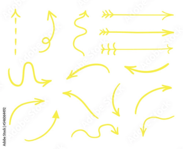 Obraz Abstract arrows. Colored infographic elements isolated on white. Set of different indicator signs. Tangled hand drawn simple pointers. Line art