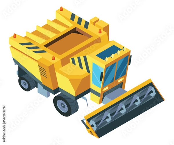 Fototapeta Isometric combine harvester. Agricultural machine collect wheat, concept farm natural farming. Vector cartoon eco eating industry