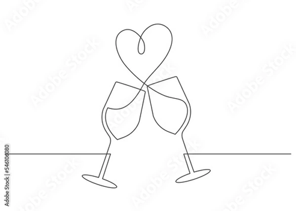 Fototapeta Continuous one line drawing of cheers two wine glasses. Heart shapes splash. Vector illustration.