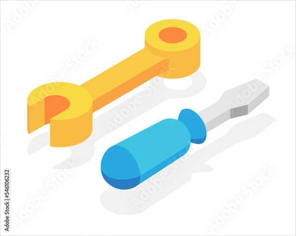 Fototapeta Repair tools, screwdriver and wrench. Flat, 3d, vector, isometric, cartoon style illustration isolated on white background