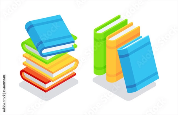 Fototapeta Piles of colorful books. Flat, 3d, vector, isometric, cartoon style illustration isolated on white background