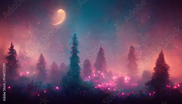 Obraz Beautiful and Mystery Deep Forest and Trees. Creative Fantasy Backdrop Concept Art Realistic Illustration Video Game Background. Digital Painting CG Artwork. Scenery Artwork Serious Book Illustration
