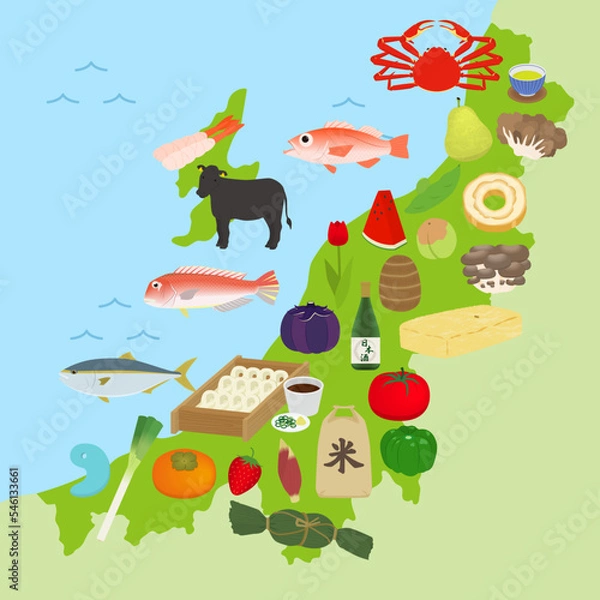 Fototapeta 新潟県の地図と特産品のイラスト