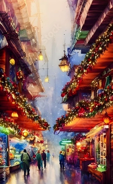 Fototapeta In the center of the town, a large Christmas tree is decorated with colorful lights and tinsel. enthusiastically talking and laughing. Around the tree, there are many wooden kiosks selling handmade gi
