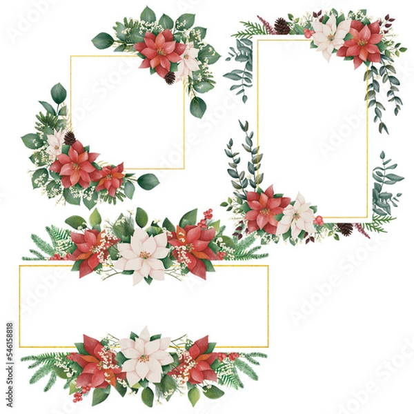 Obraz Watercolor christmas border set, new year green spruce tree branches, leaf and Poinsettia Flowers. Frame set vignette with a bouquet of flowers. Border, background. Perfect for invitation cards, print