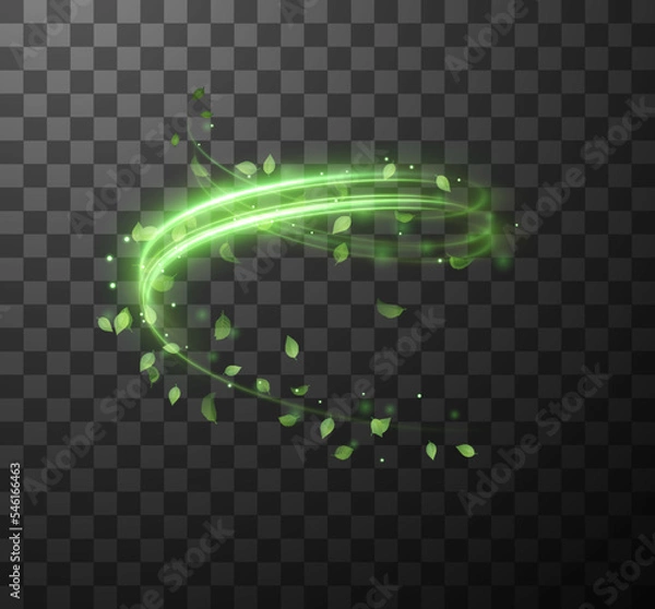 Fototapeta Green spiral spring wind effect with magic dust particles flying around and leaves particles on black background. Vector eps10