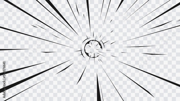 Obraz Abstract comic book flash explosion radial lines on transparent background. Vector illustration superhero design. Bright black light strip burst. Flash ray blast glow. Speed lines Manga frame. Anime
