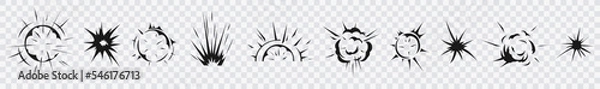 Fototapeta Radial explosion silhouette. Exploding bursts, round explosions cloud and exploded bomb effect black silhouettes. Explosion burst dust, power bombs explode effect. Isolated symbols graphic vector set