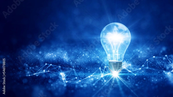 Fototapeta business idea creative concept technology. A light bulb illuminated above a polygon on a dark blue background.