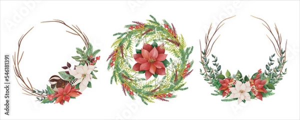 Obraz Set Watercolor Christmas floral frame or winter floral wreath consisting of flowers, leaves and branches. Frame vignette with a bouquet of flowers. Crown and Arch. Suitable for holiday invitation card