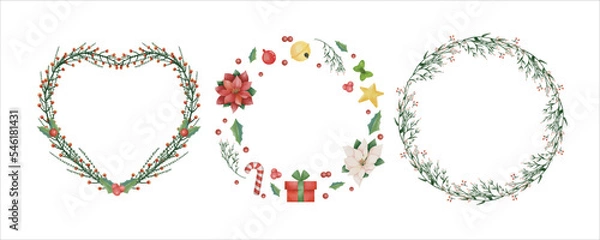 Fototapeta Set Watercolor Christmas floral frame or winter floral wreath consisting of flowers, leaves and branches. Frame vignette with a bouquet of flowers. Crown and Arch. Suitable for holiday invitation card
