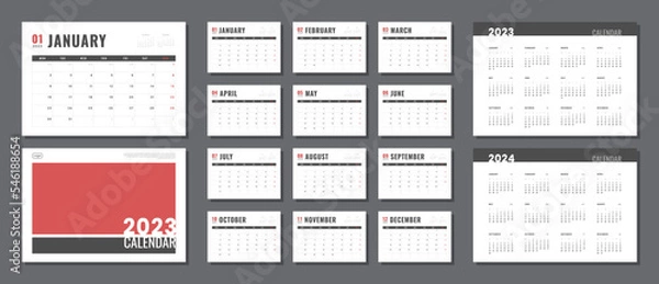 Fototapeta Set of 2023 -2024 Calendar Planner Template, and cover with Place for Photo, Company Logo. Vector simple grid layout for wall or desk calendar with week start on Monday for print