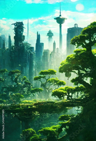 Fototapeta An enormous Green labyrinth, Beautiful Solarpunk architecture, greenery vertical gardens. Fantasy Future Art Background. For AD, WEB, UI, Game, Novel, Poster.