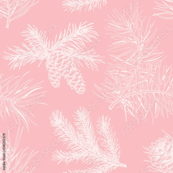 Fototapeta Pink seamless pattern with fir and pine branches and cones. Christmas background. Botanical vector illustration. Sketch.