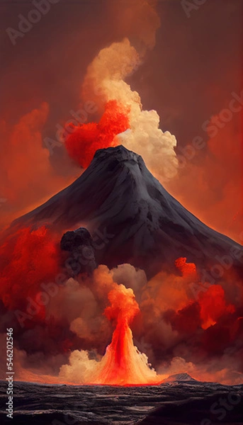 Obraz Massive Volcano Eruption. A large volcano erupting hot lava and gases into the atmosphere. 3D Illustration.