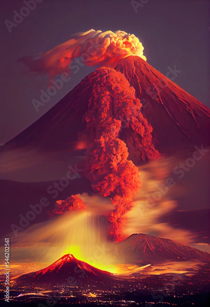 Obraz Massive Volcano Eruption. A large volcano erupting hot lava and gases into the atmosphere. 3D Illustration.