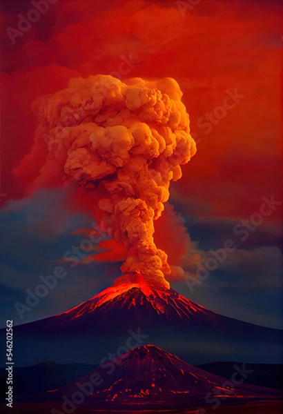 Obraz Massive Volcano Eruption. A large volcano erupting hot lava and gases into the atmosphere. 3D Illustration.