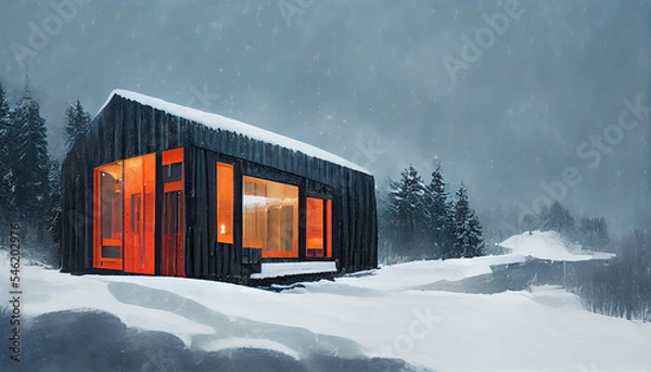 Obraz House in snow with romantic lighting. Winter landscape. 3d rendering