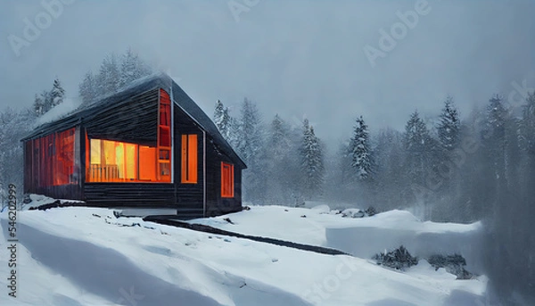 Obraz House in snow with romantic lighting. Winter landscape. 3d rendering