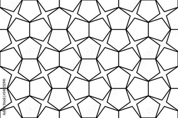 Fototapeta Regular pentagon and star shape repeating geometric  outline pattern in black, PNG transparent background