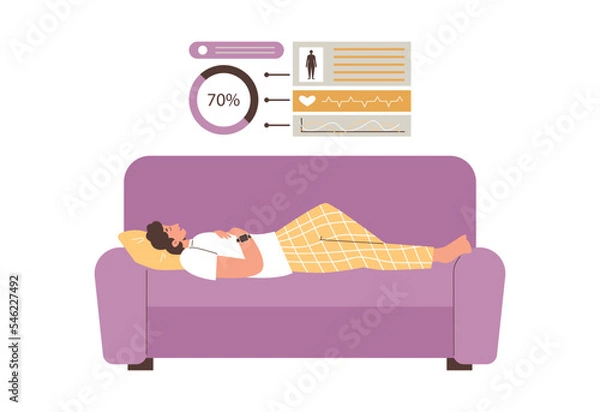 Fototapeta Man sleeping on sofa and sleep monitoring application interface, vector isolated.