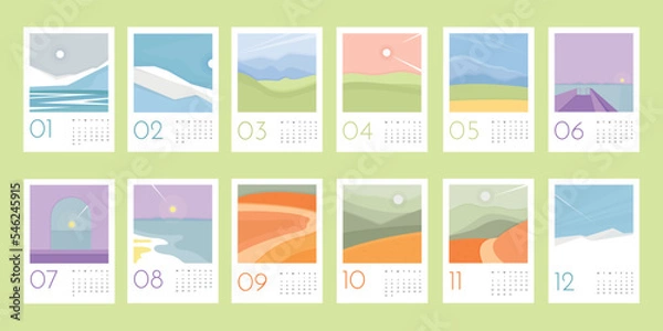 Fototapeta 2023 calendar template with abstract nature winter, spring, summer and autumn landscapes. Simple background with calendar design concept. Set of 12 months 2023 pages. 