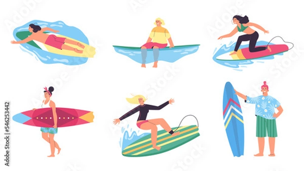 Fototapeta Surfers stand on a surfboard and ride a wave collection, flat vector isolated.